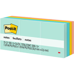 3M Post-It Note Pads, 1-1/2 x 2, Marseille Colors, 12 Pads/Pack